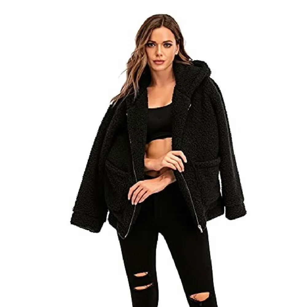 Oversized Faux Shearling Hooded Jacket - Fleece Lined Winter Coat